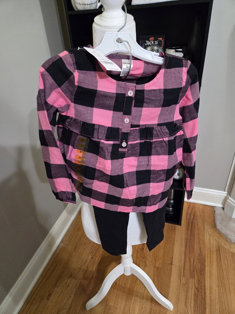 Carter's Pink & Black Plaid Long Sleeve Peplum Top Set